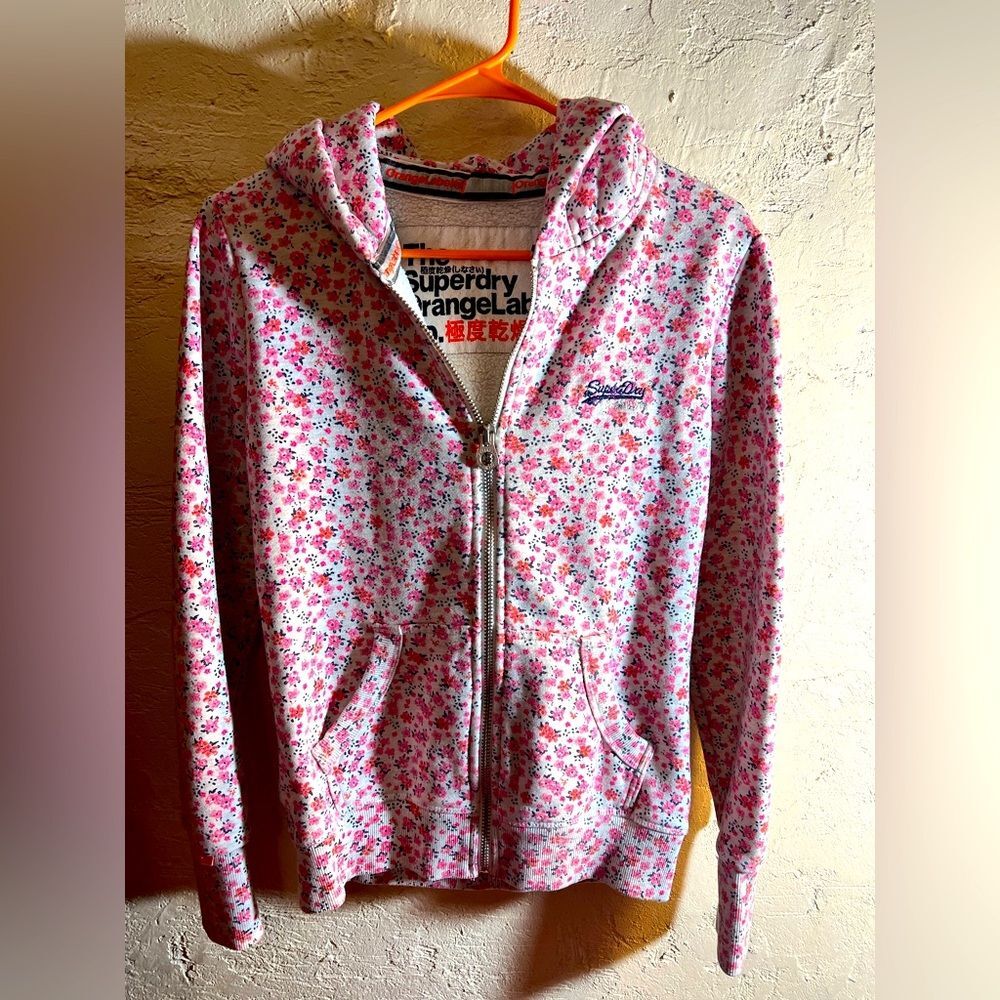 Hoodie, Super Dry Orange Label, tiny floral, pinks, grey-Small, bougie brand